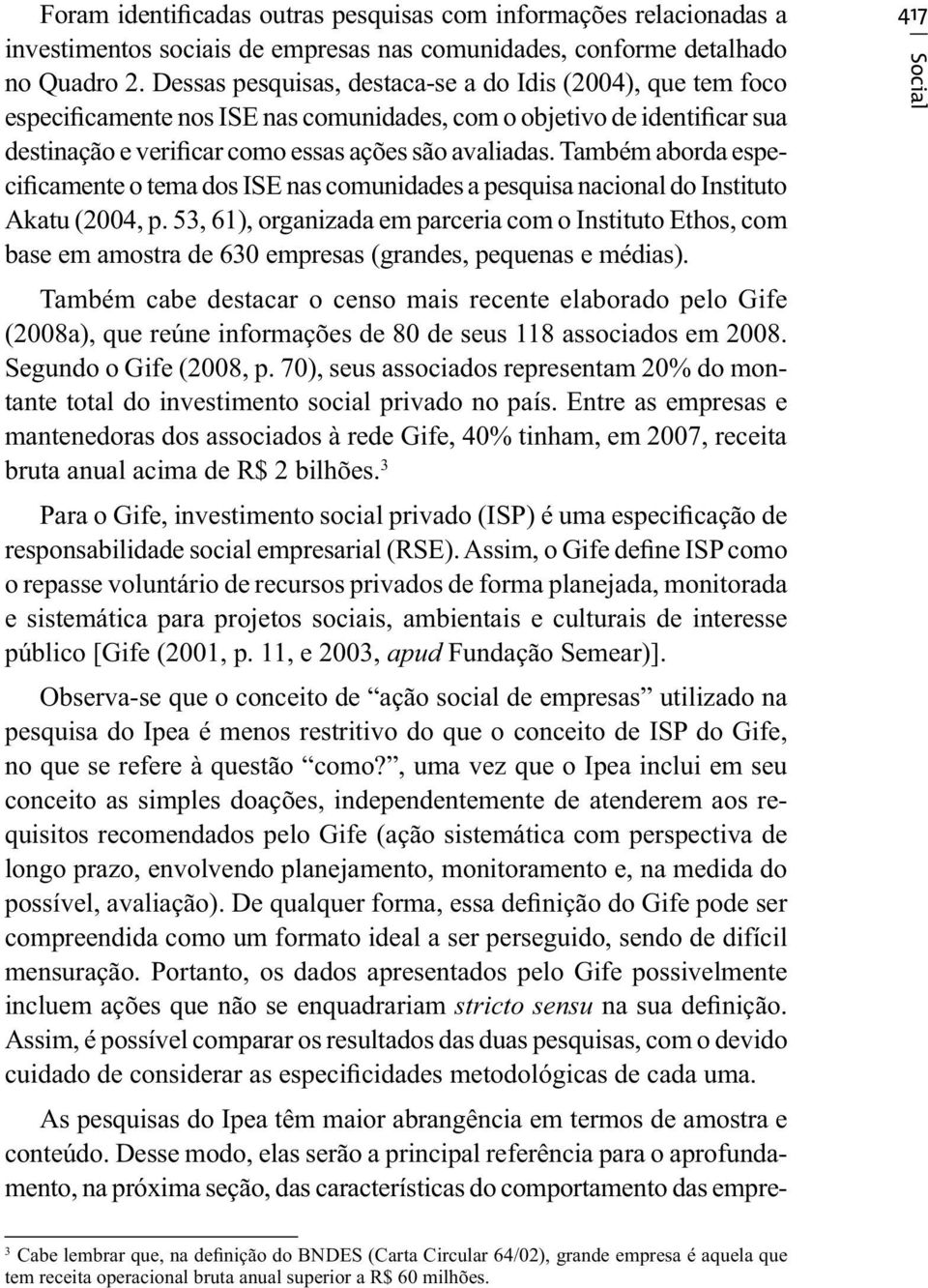 Também aborda especificamente o tema dos ISE nas comunidades a pesquisa nacional do Instituto Akatu (2004, p.