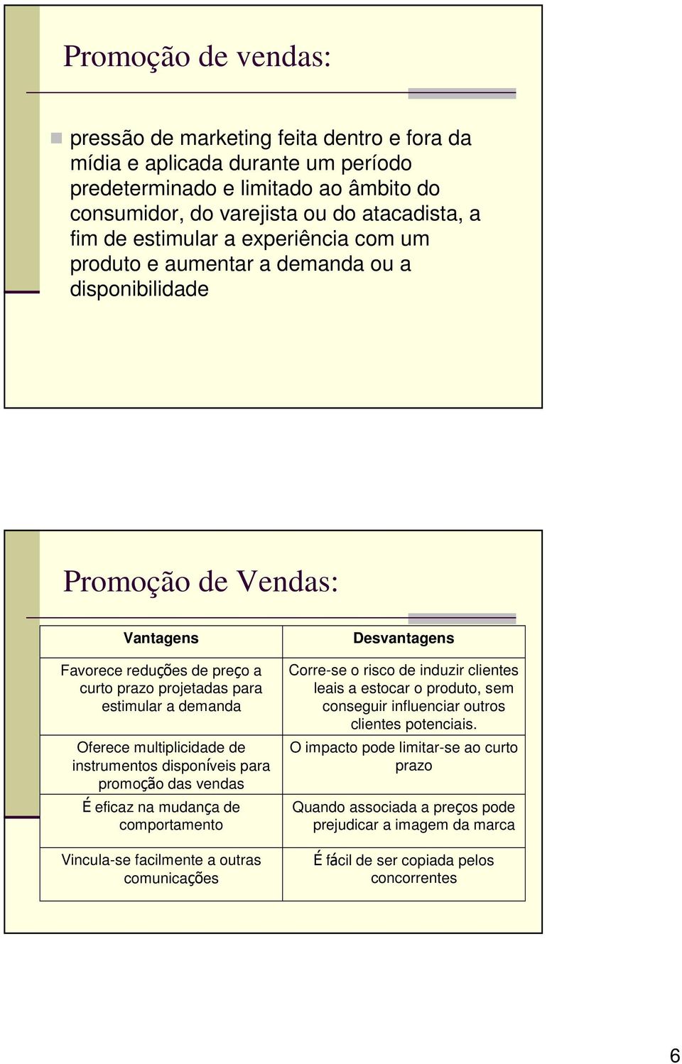 multiplicidade de instrumentos disponíveis para promoção das vendas É eficaz na mudança de comportamento Vincula-se facilmente a outras comunicações Desvantagens Corre-se o risco de induzir clientes