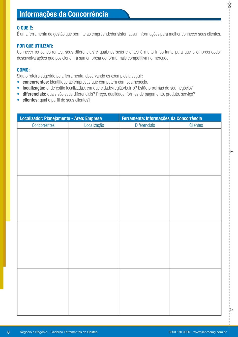 Siga o roteiro sugerido pela ferramenta, observando os exemplos a seguir: concorrentes: identifique as empresas que competem com seu negócio.