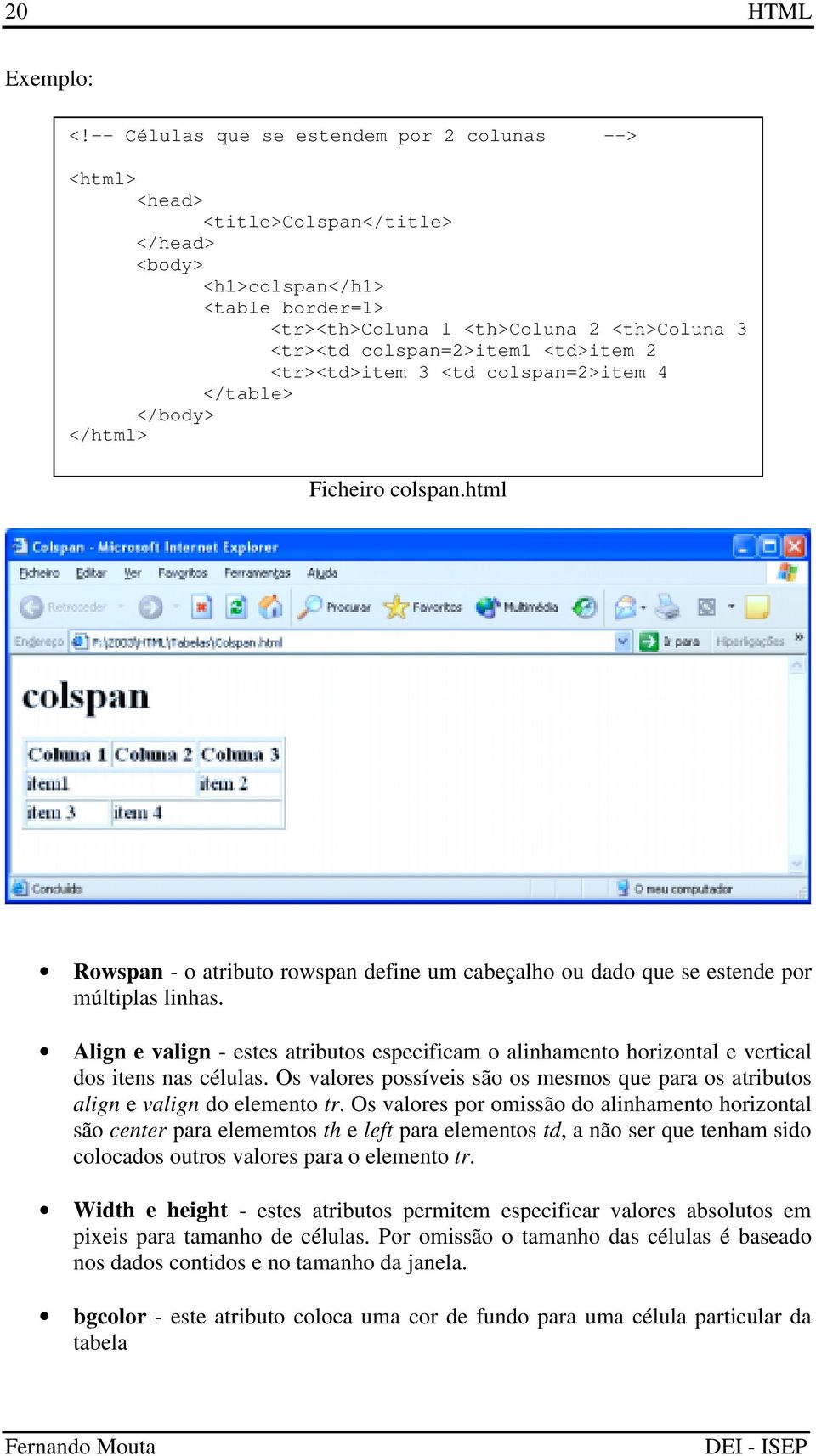 <td>item 2 <tr><td>item 3 <td colspan=2>item 4 </table> </body> </html> Ficheiro colspan.html Rowspan - o atributo rowspan define um cabeçalho ou dado que se estende por múltiplas linhas.