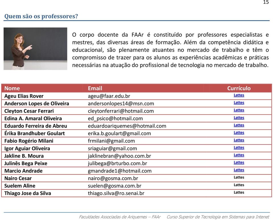 profissional de tecnologia no mercado de trabalho. Nome Email Currículo Ageu Elias Rover ageu@faar.edu.br Lattes Anderson Lopes de Oliveira andersonlopes14@msn.