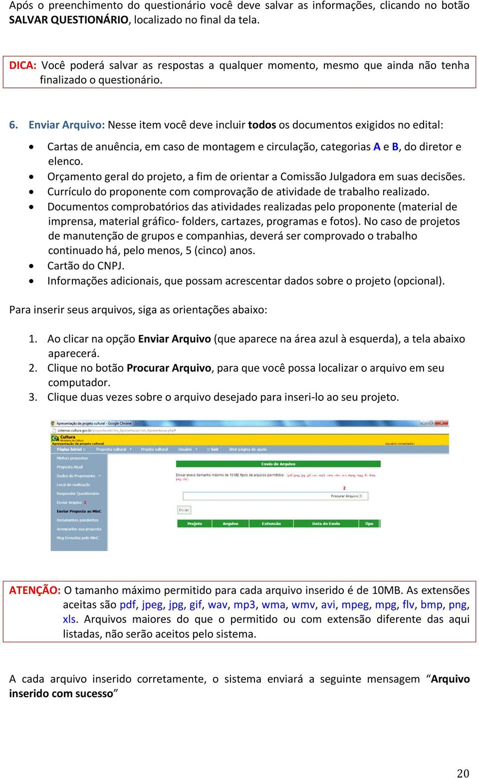 Enviar Arquivo: Nesse item você deve incluir todos os documentos exigidos no edital: Cartas de anuência, em caso de montagem e circulação, categorias A e B, do diretor e elenco.