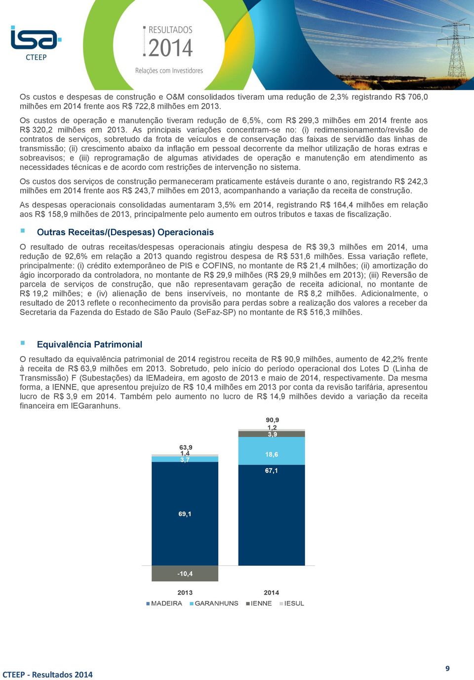 As principais variações concentram-se no: (i) redimensionamento/revisão de contratos de serviços, sobretudo da frota de veículos e de conservação das faixas de servidão das linhas de transmissão;