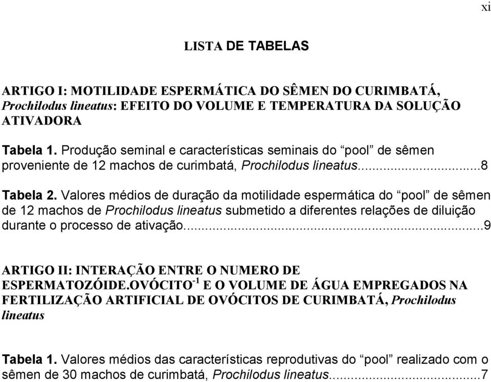 Valores médios de duração da motilidade espermática do pool de sêmen de 12 machos de Prochilodus lineatus submetido a diferentes relações de diluição durante o processo de ativação.