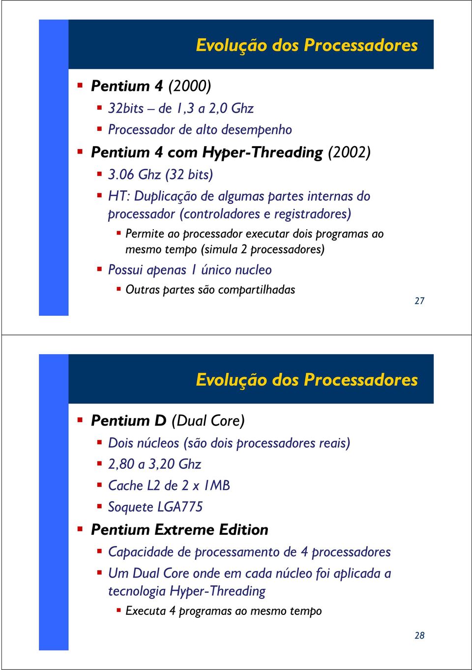 processadores) Possui apenas 1 único nucleo Outras partes são compartilhadas 27 Pentium D (Dual Core) Evolução dos Processadores Dois núcleos (são dois processadores reais) 2,80 a