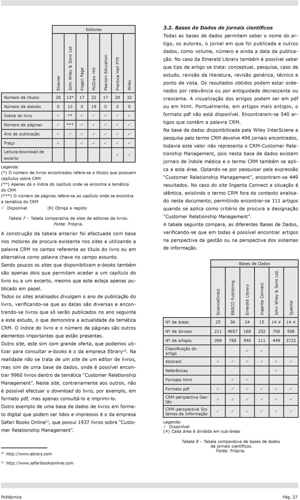 onde se encontra a temática do CRM (***) O número de páginas refere-se ao capítulo onde se encontra a temática do CRM Disponível (R) Obriga a registo Tabela 7 Tabela comparativa de sites de editores