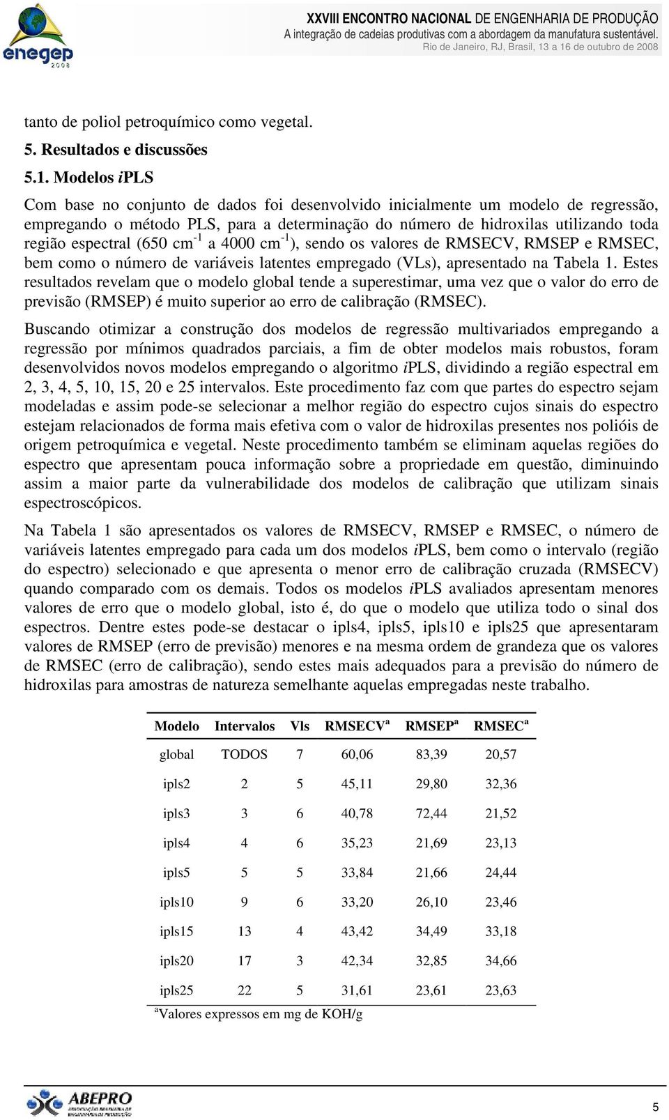 (650 cm -1 a 4000 cm -1 ), sendo os valores de RMSECV, RMSEP e RMSEC, bem como o número de variáveis latentes empregado (VLs), apresentado na Tabela 1.