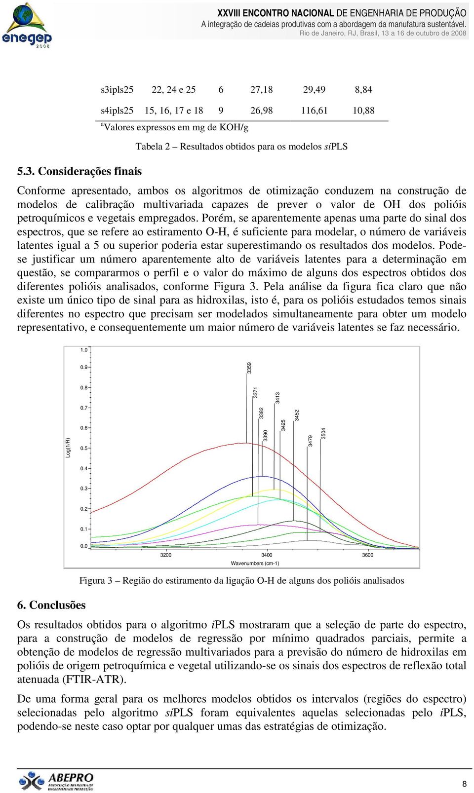 Porém, se aparentemente apenas uma parte do sinal dos espectros, que se refere ao estiramento O-H, é suficiente para modelar, o número de variáveis latentes igual a 5 ou superior poderia estar