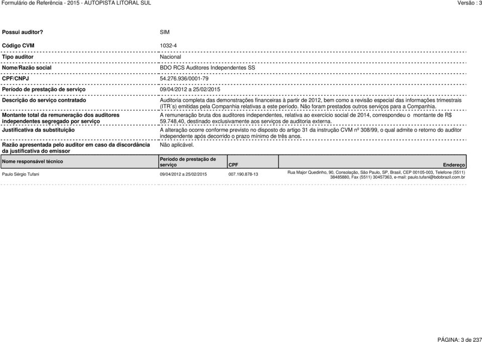 substituição Razão apresentada pelo auditor em caso da discordância da justificativa do emissor Nome responsável técnico Não aplicável. Paulo Sérgio Tufani 09/04/2012 a 25/02/2015 007.190.