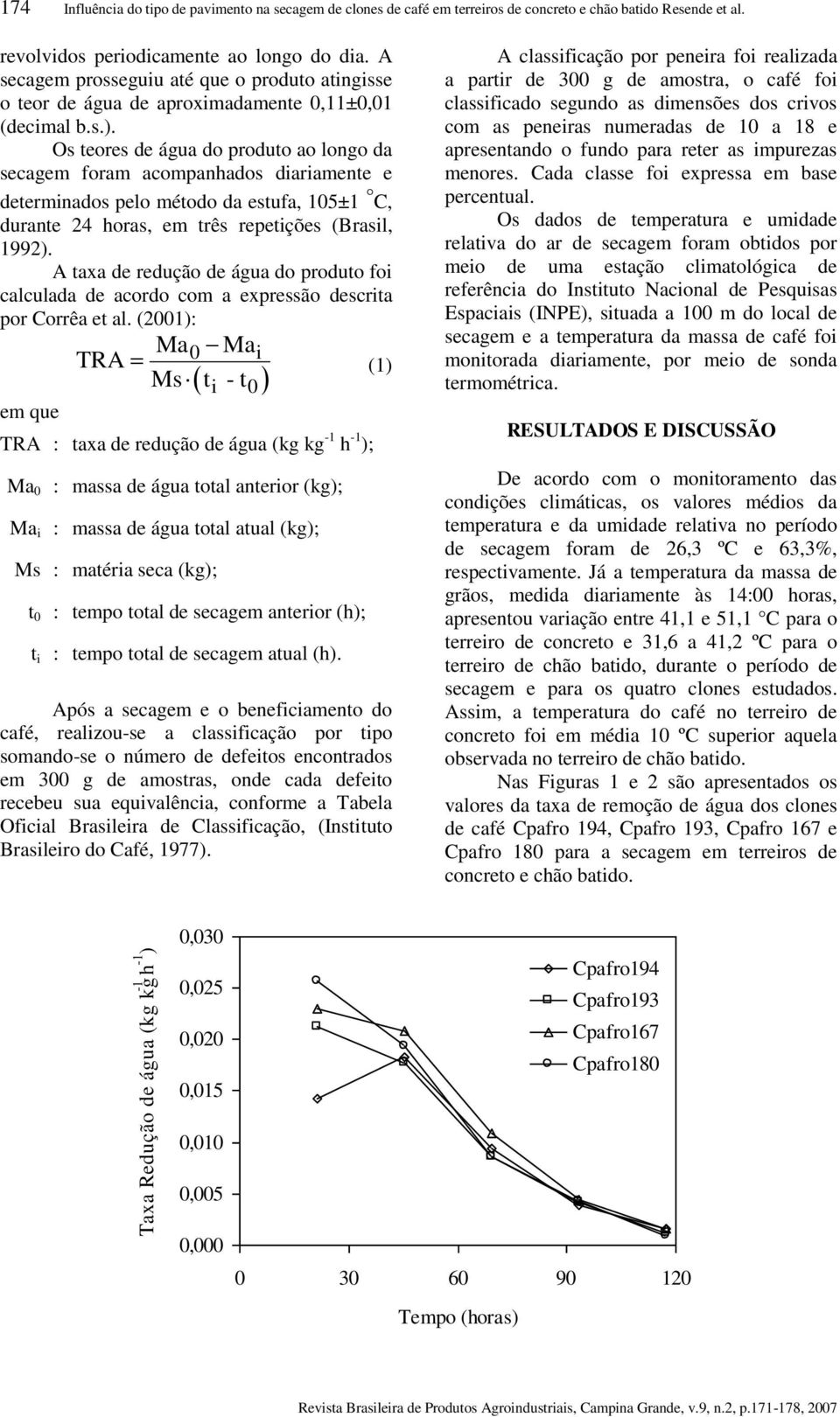 Os teores de água do produto ao longo da secagem foram acompanhados diariamente e determinados pelo método da estufa, 105±1 C, durante 24 horas, em três repetições (Brasil, 1992).