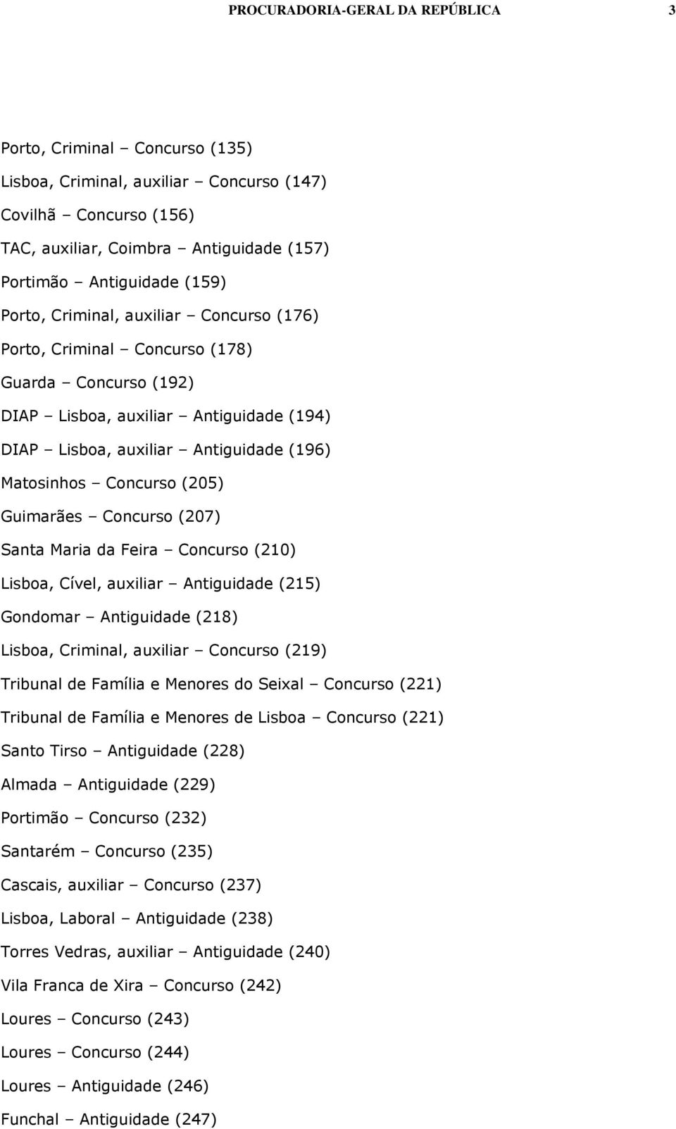 Guimarães Concurso (207) Santa Maria da Feira Concurso (210) Lisboa, Cível, auxiliar Antiguidade (215) Gondomar Antiguidade (218) Lisboa, Criminal, auxiliar Concurso (219) Tribunal de Família e