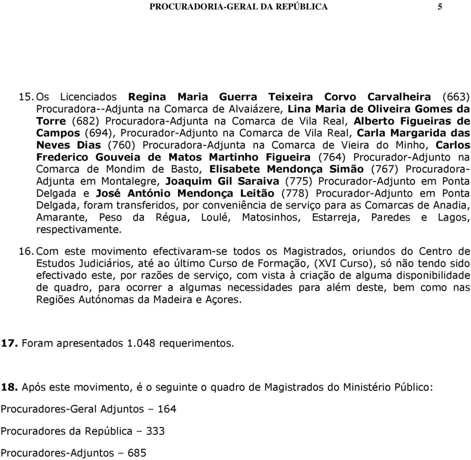 Real, Alberto Figueiras de Campos (694), Procurador-Adjunto na Comarca de Vila Real, Carla Margarida das Neves Dias (760) Procuradora-Adjunta na Comarca de Vieira do Minho, Carlos Frederico Gouveia