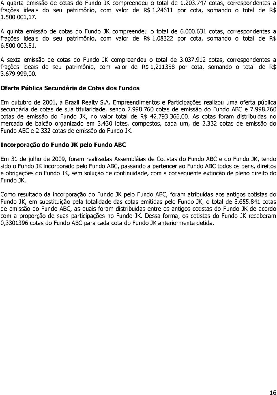 A sexta emissão de cotas do Fundo JK compreendeu o total de 3.037.912 cotas, correspondentes a frações ideais do seu patrimônio, com valor de R$ 1,211358 por cota, somando o total de R$ 3.679.999,00.