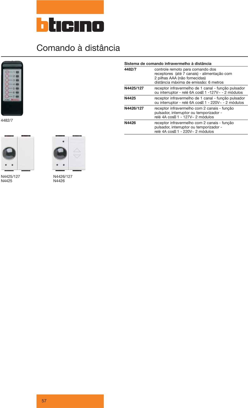 infravermelho de 1 canal - função pulsador ou interruptor - relé 6A cos 1-220V~ - 2 módulos N4426/127 receptor infravermelho com 2 canais - função pulsador, interruptor ou