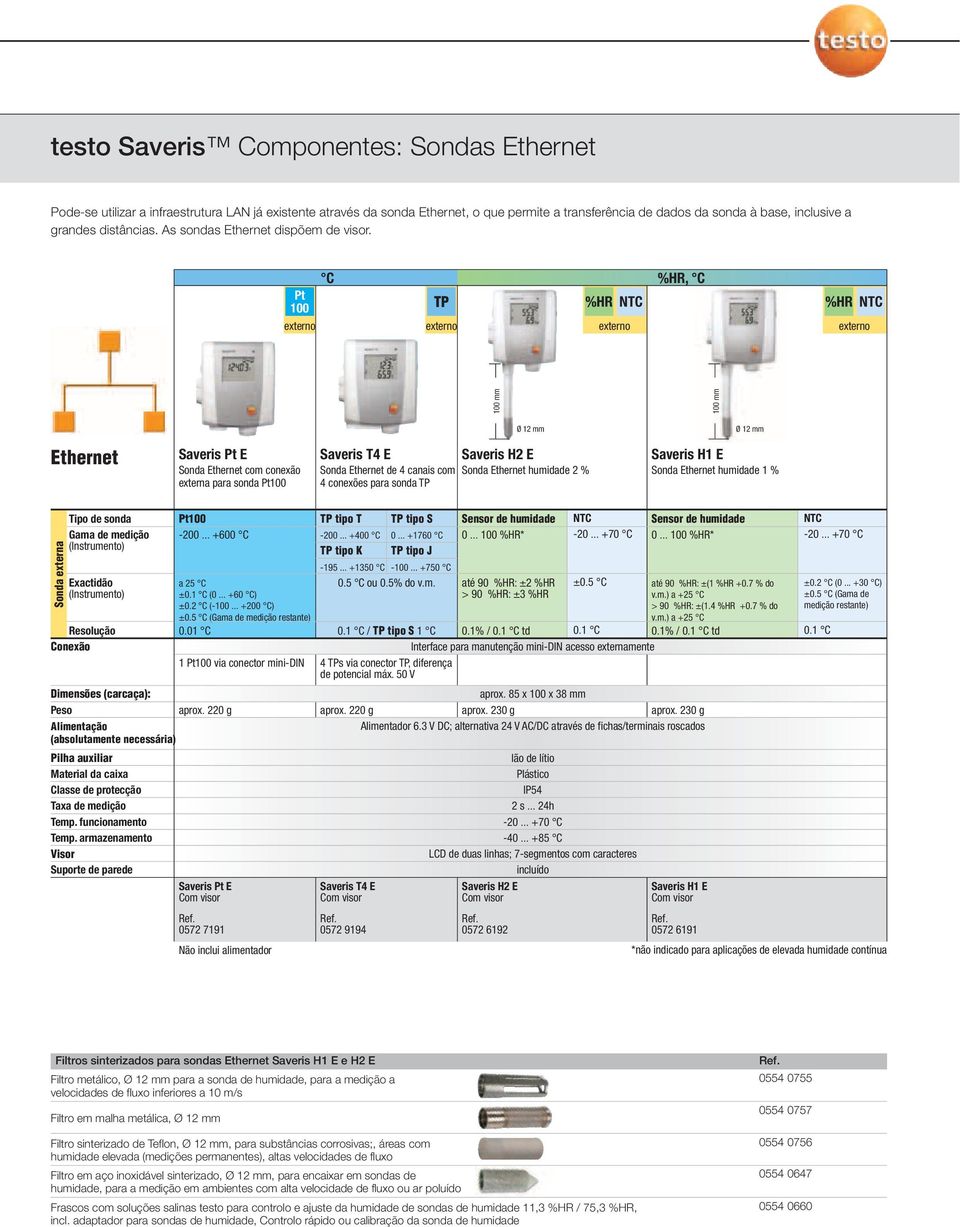 Pt 100 externo %HR, TP externo %HR externo %HR externo 100 mm 100 mm Ø 12 mm Ø 12 mm Ethernet Saveris Pt E Sonda Ethernet com conexão externa para sonda Pt100 Saveris T4 E Sonda Ethernet de 4 canais