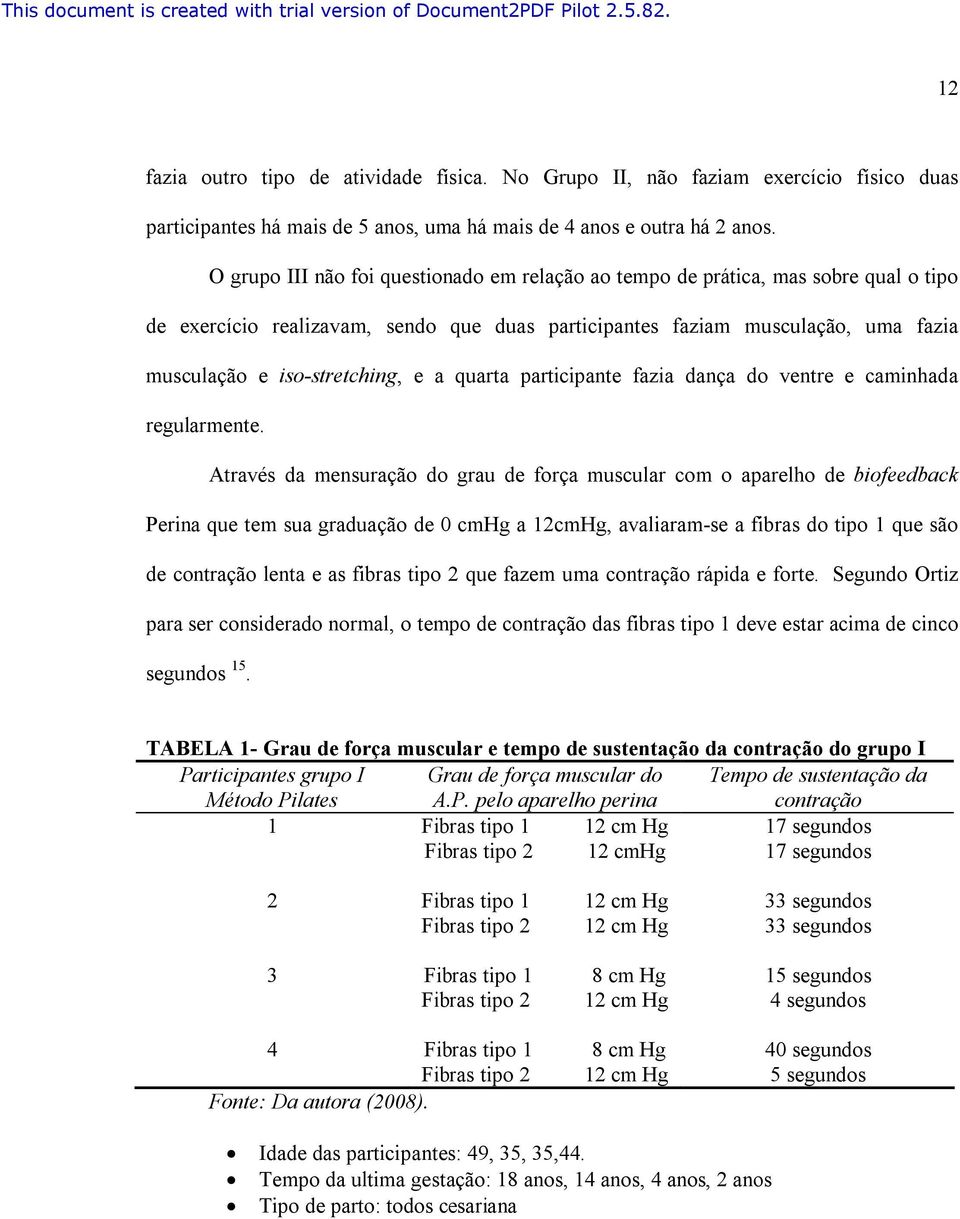 a quarta participante fazia dança do ventre e caminhada regularmente.