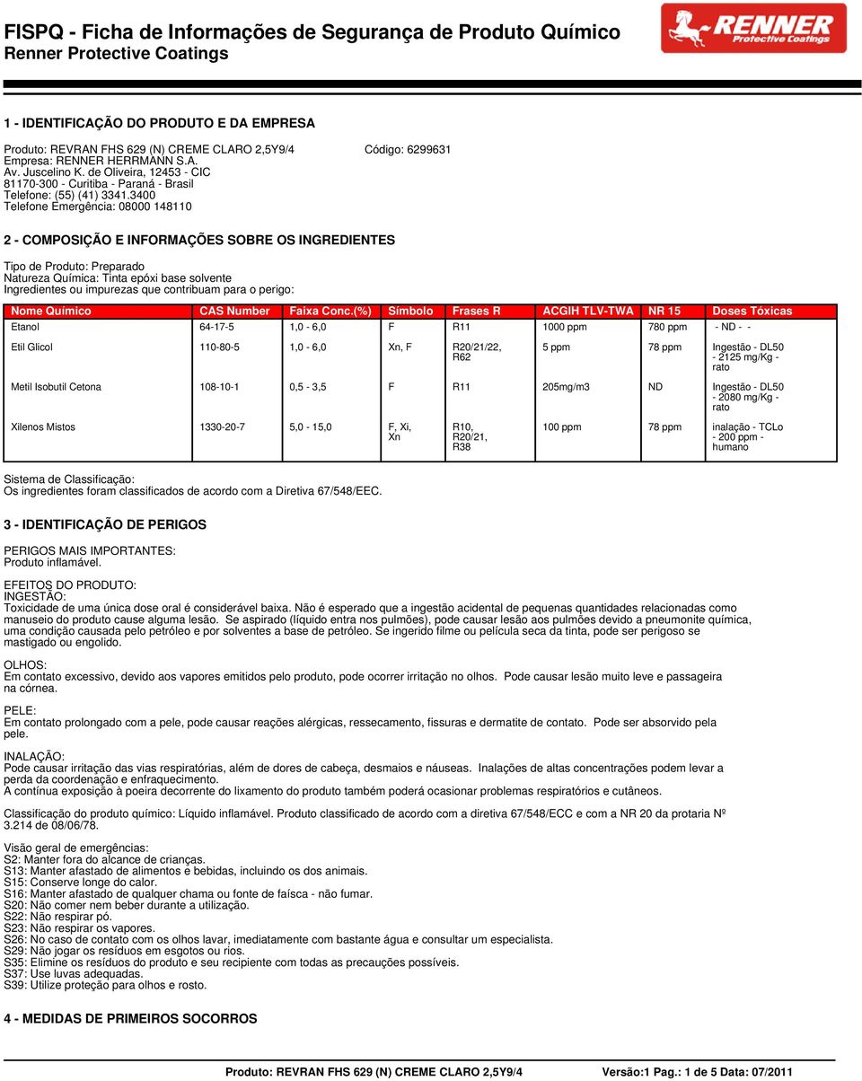 3400 Telefone Emergência: 08000 148110 2 - COMPOSIÇÃO E INFORMAÇÕES SOBRE OS INGREDIENTES Tipo de Produto: Preparado Natureza Química: Tinta epóxi base solvente Ingredientes ou impurezas que