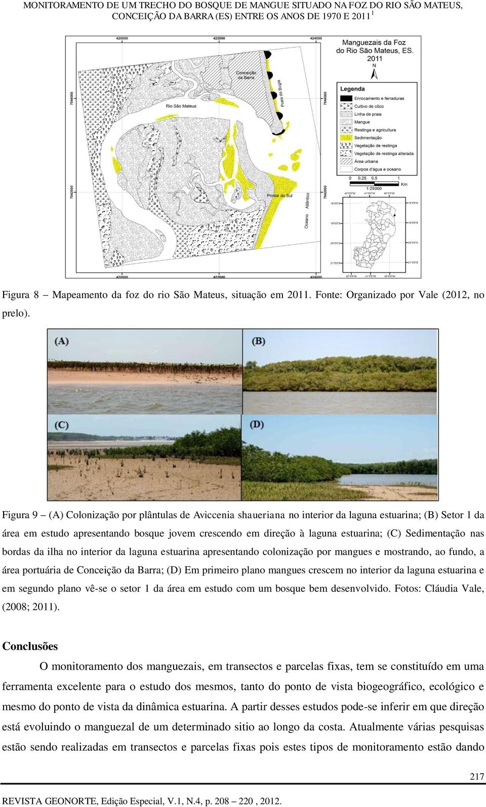 Sedimentação nas bordas da ilha no interior da laguna estuarina apresentando colonização por mangues e mostrando, ao fundo, a área portuária de Conceição da Barra; (D) Em primeiro plano mangues