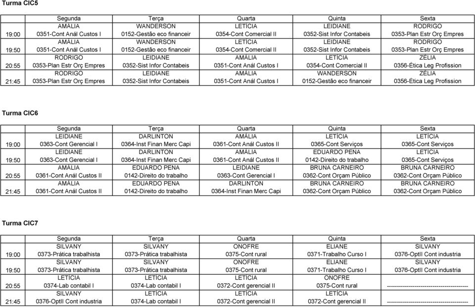 Estr Orç Empres 0352-Sist Infor Contabeis 0351-Cont Anál Custos I 0354-Cont Comercial II 0356-Ética Leg Profission RODRIGO LEIDIANE AMÁLIA WANDERSON ZÉLIA 0353-Plan Estr Orç Empres 0352-Sist Infor