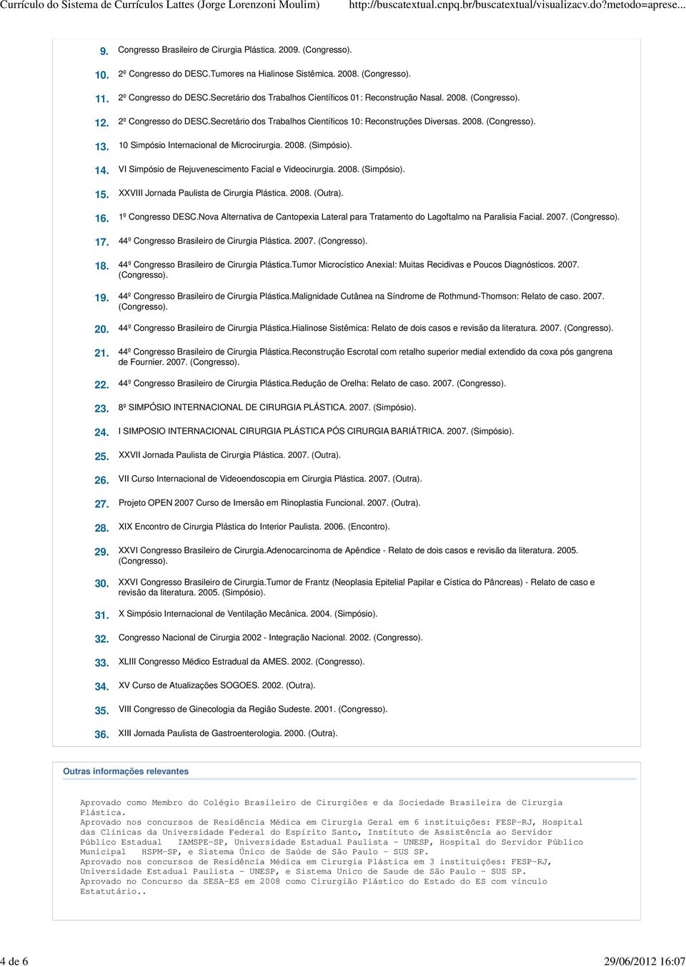 VI Simpósio de Rejuvenescimento Facial e Videocirurgia. 2008. (Simpósio). 15. XXVIII Jornada Paulista de Cirurgia Plástica. 2008. (Outra). 16. 1º Congresso DESC.