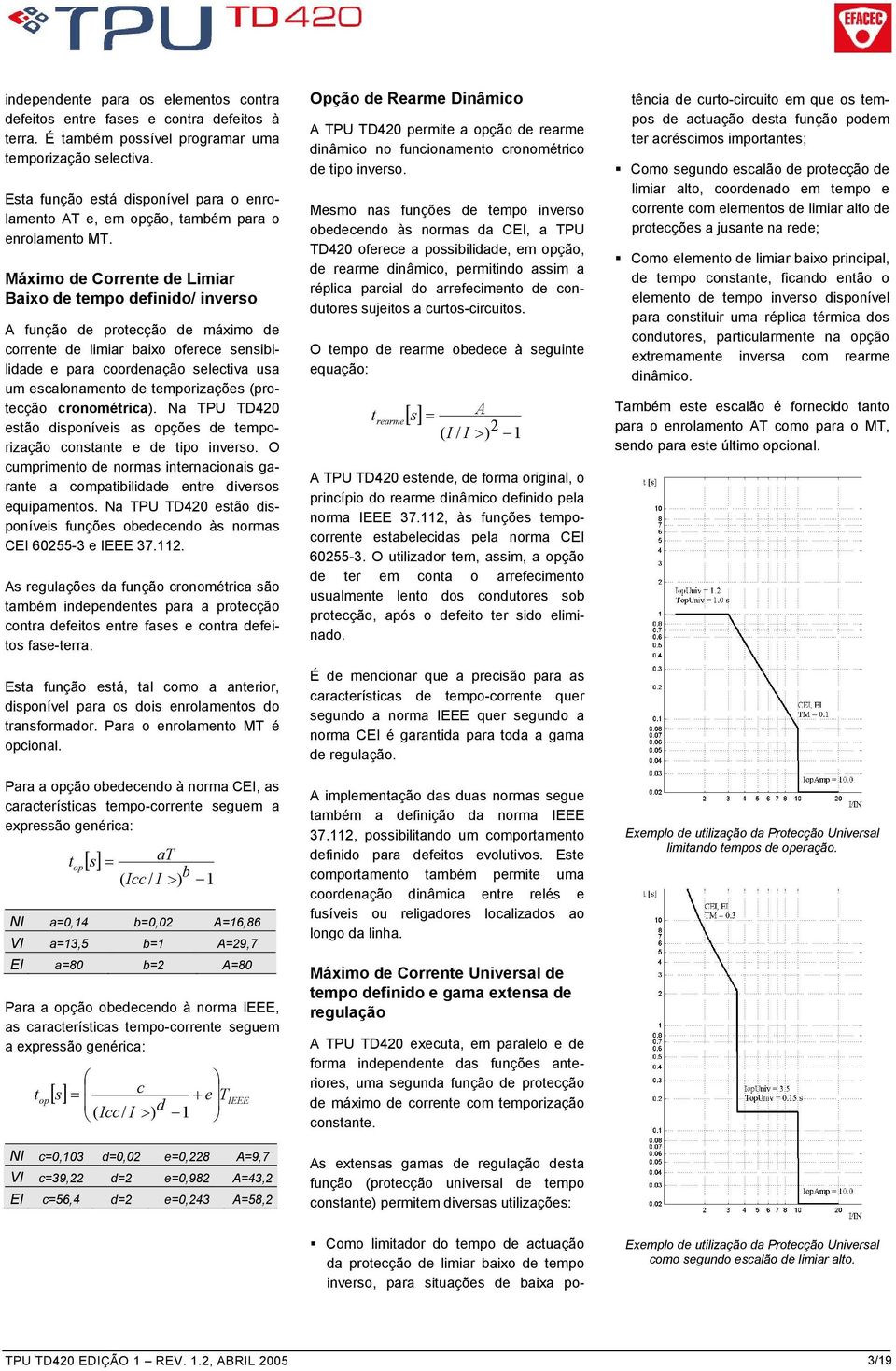 Máximo de Corrente de Limiar Baixo de tempo definido/ inverso A função de protecção de máximo de corrente de limiar baixo oferece sensibilidade e para coordenação selectiva usa um escalonamento de