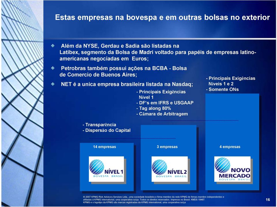 Aires; NET é a unica empresa brasileira listada na Nasdaq; - Principais Exigências Nível 1 -DF s em IFRS e USGAAP - Tag along 80% -Câmara