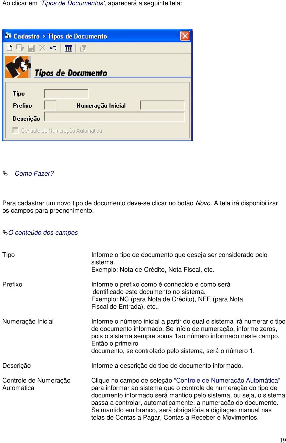 O conteúdo dos campos Tipo Prefixo Numeração Inicial Descrição Controle de Numeração Automática Informe o tipo de documento que deseja ser considerado pelo sistema.