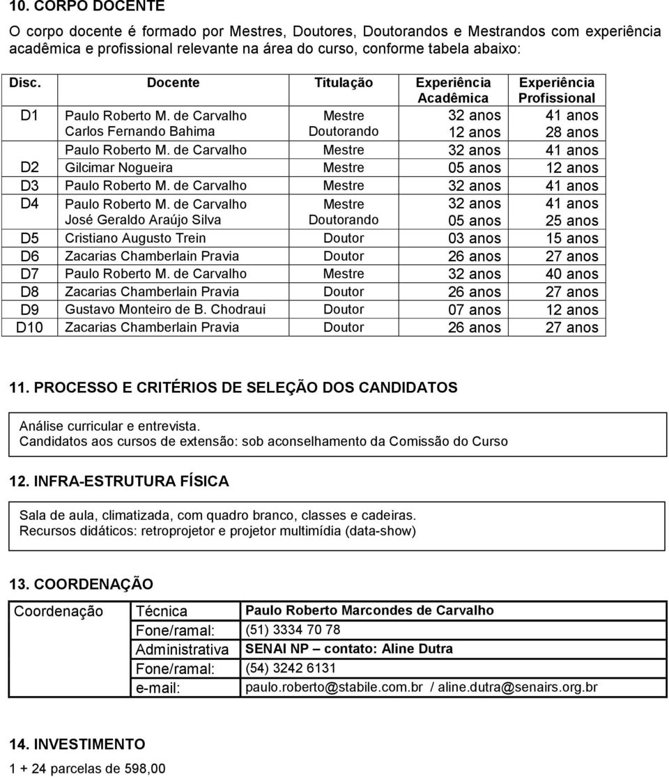 de Carvalho Mestre 32 anos 41 anos D2 Gilcimar Nogueira Mestre 05 anos 12 anos D3 Paulo Roberto M. de Carvalho Mestre 32 anos 41 anos D4 Paulo Roberto M.