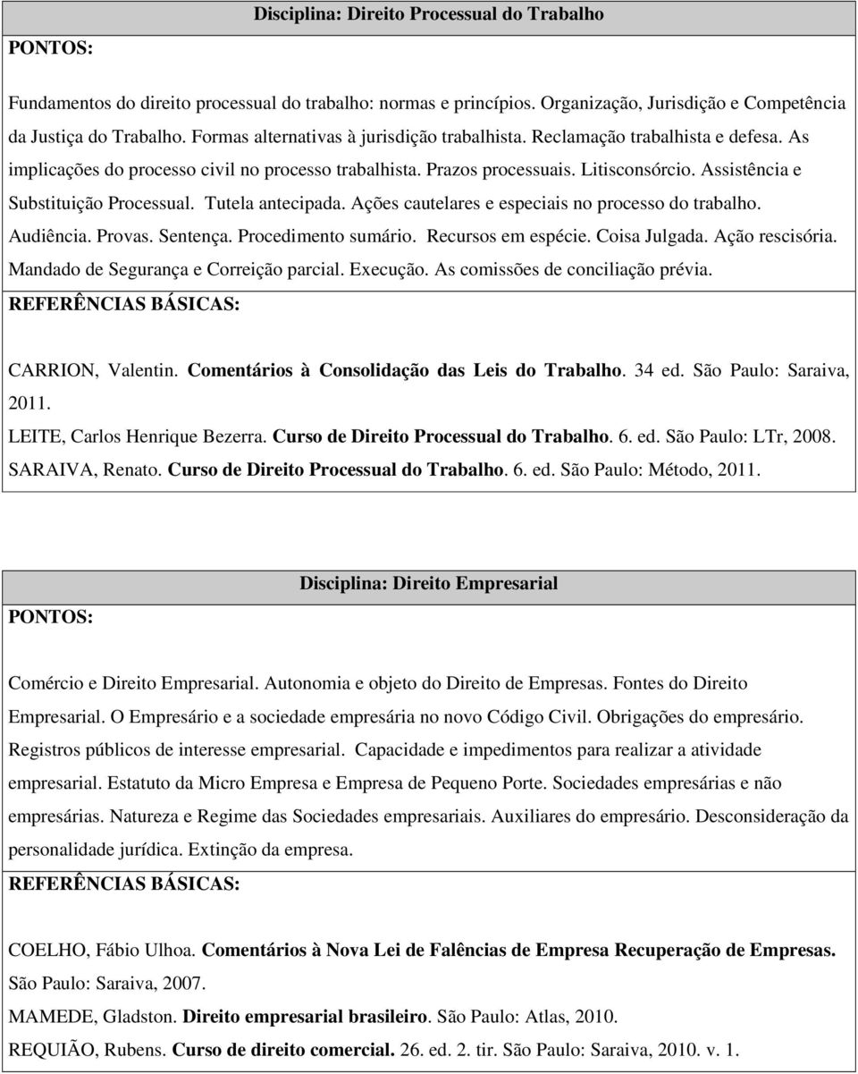 Assistência e Substituição Processual. Tutela antecipada. Ações cautelares e especiais no processo do trabalho. Audiência. Provas. Sentença. Procedimento sumário. Recursos em espécie. Coisa Julgada.