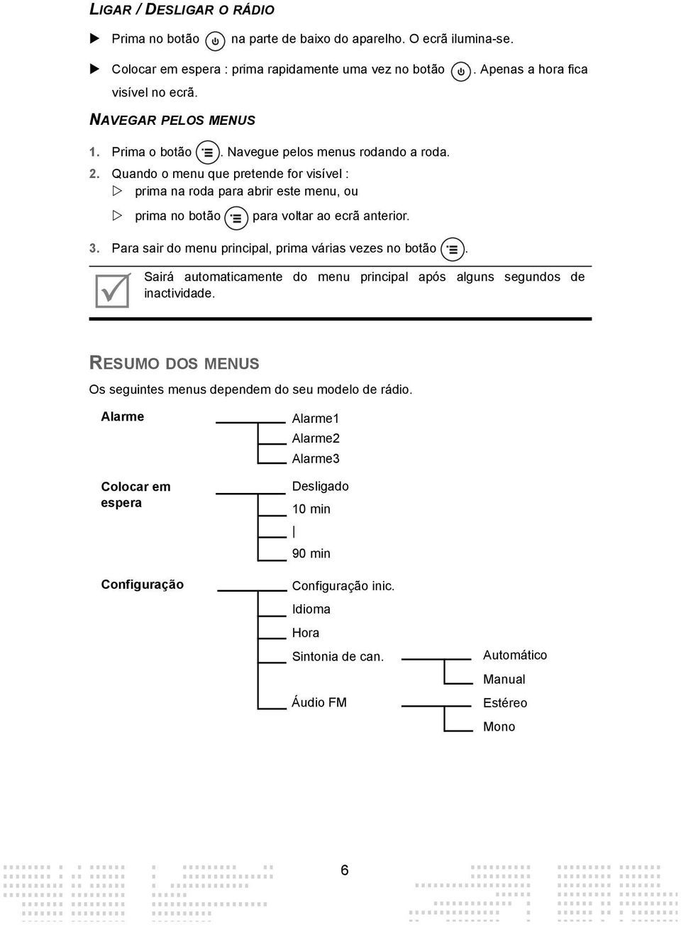 Quando o menu que pretende for visível : prima na roda para abrir este menu, ou prima no botão para voltar ao ecrã anterior. 3. Para sair do menu principal, prima várias vezes no botão.