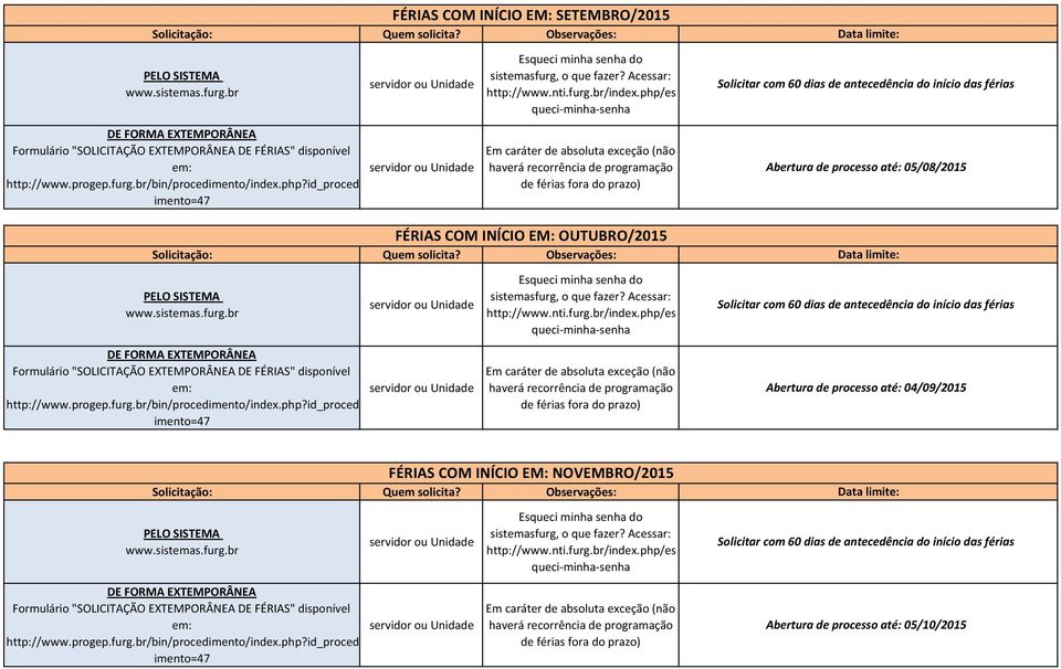 OUTUBRO/2015 Abertura de processo até: 04/09/2015