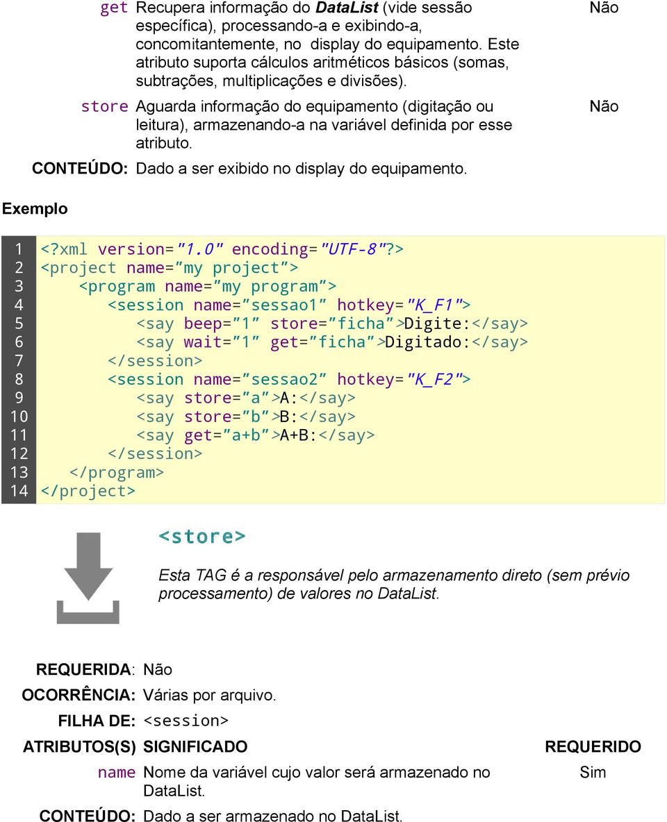 store Aguarda informação do equipamento (digitação ou leitura), armazenando-a na variável definida por esse atributo. CONTEÚDO: Dado a ser exibido no display do equipamento. 0 <?xml version=".