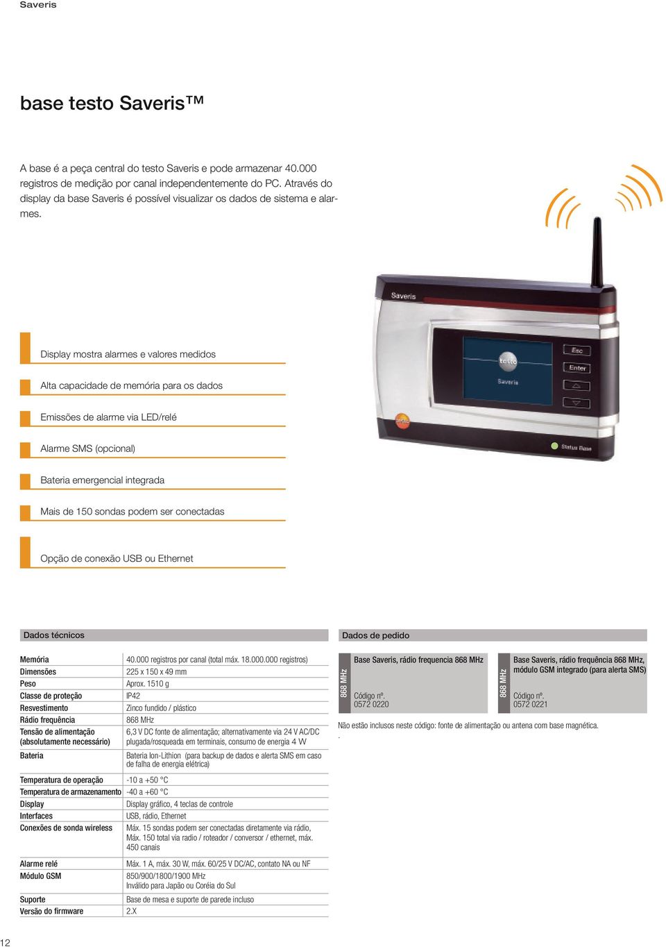 Display mostra alarmes e valores medidos Alta capacidade de memória para os dados Emissões de alarme via LED/relé Alarme SMS (opcional) Bateria emergencial integrada Mais de 150 sondas podem ser