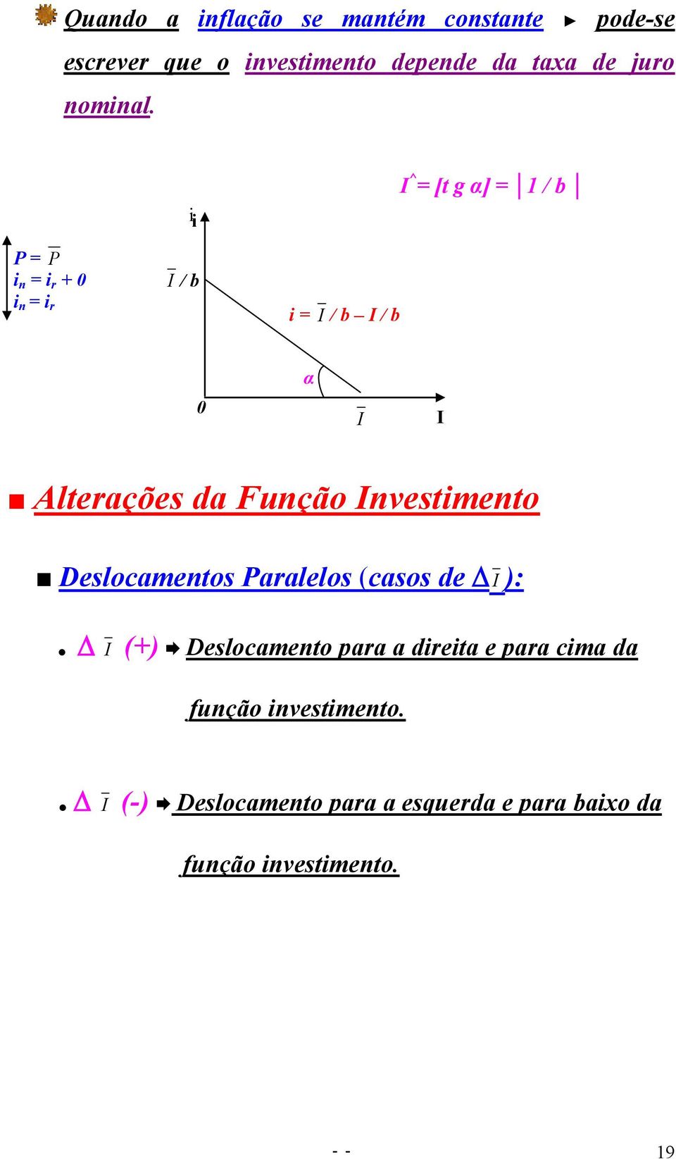 i I^= [t g α] = 1 / b P = P i n = i r + 0 i n = i r I / b i = I / b I / b 0 α I I Alterações da Função