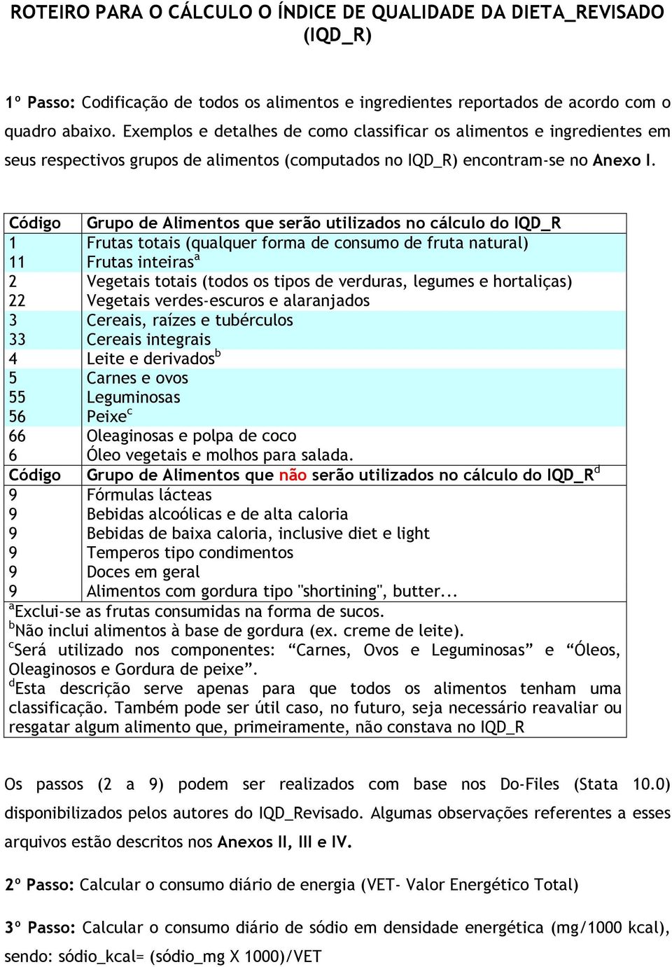 Código Grupo de Alimentos que serão utilizados no cálculo do IQD_R 1 Frutas totais (qualquer forma de consumo de fruta natural) 11 Frutas inteiras a 2 Vegetais totais (todos os tipos de verduras,