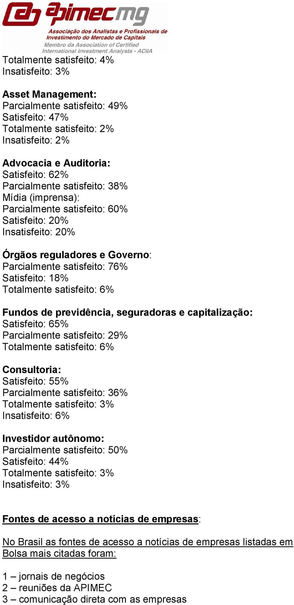 satisfeito: 6% Fundos de previdência, seguradoras e capitalização: Satisfeito: 65% Parcialmente satisfeito: 29% Totalmente satisfeito: 6% Consultoria: Satisfeito: 55% Parcialmente satisfeito: 36%