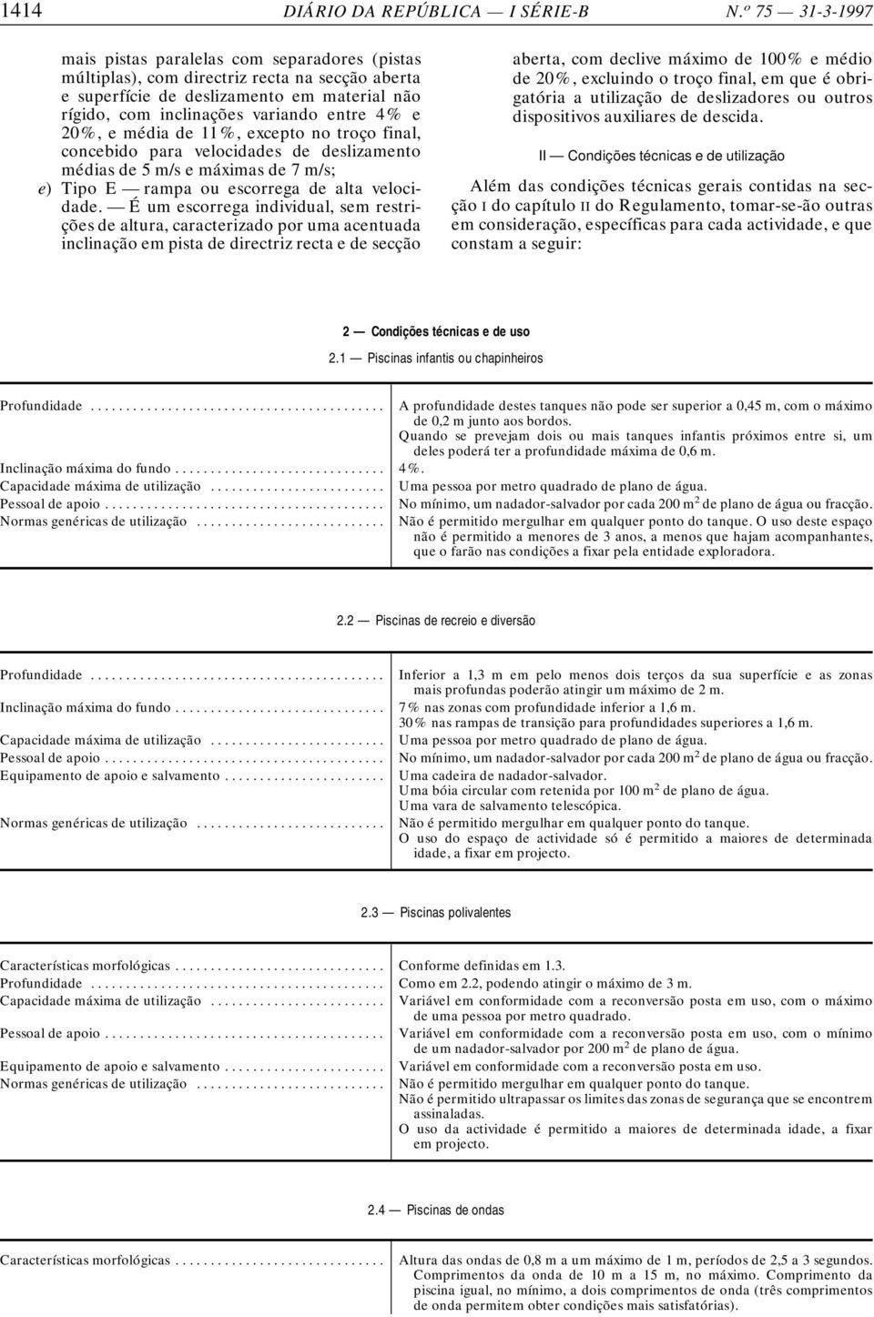 20%, emédia de 11%, excepto no troço final, concebido para velocidades de deslizamento médias de5m/semáximas de7m/s; e) Tipo E rampa ou escorrega de alta velocidade.