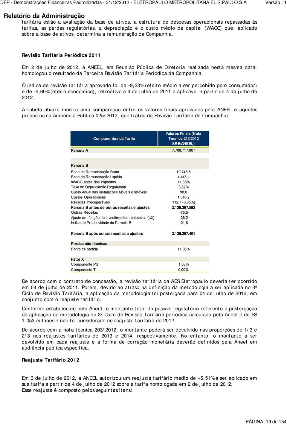 Revisão Tarifária Periódica 2011 Em 2 de julho de 2012, a ANEEL, em Reunião Pública de Diretoria realizada nesta mesma data, homologou o resultado da Terceira Revisão Tarifária Periódica da Companhia.