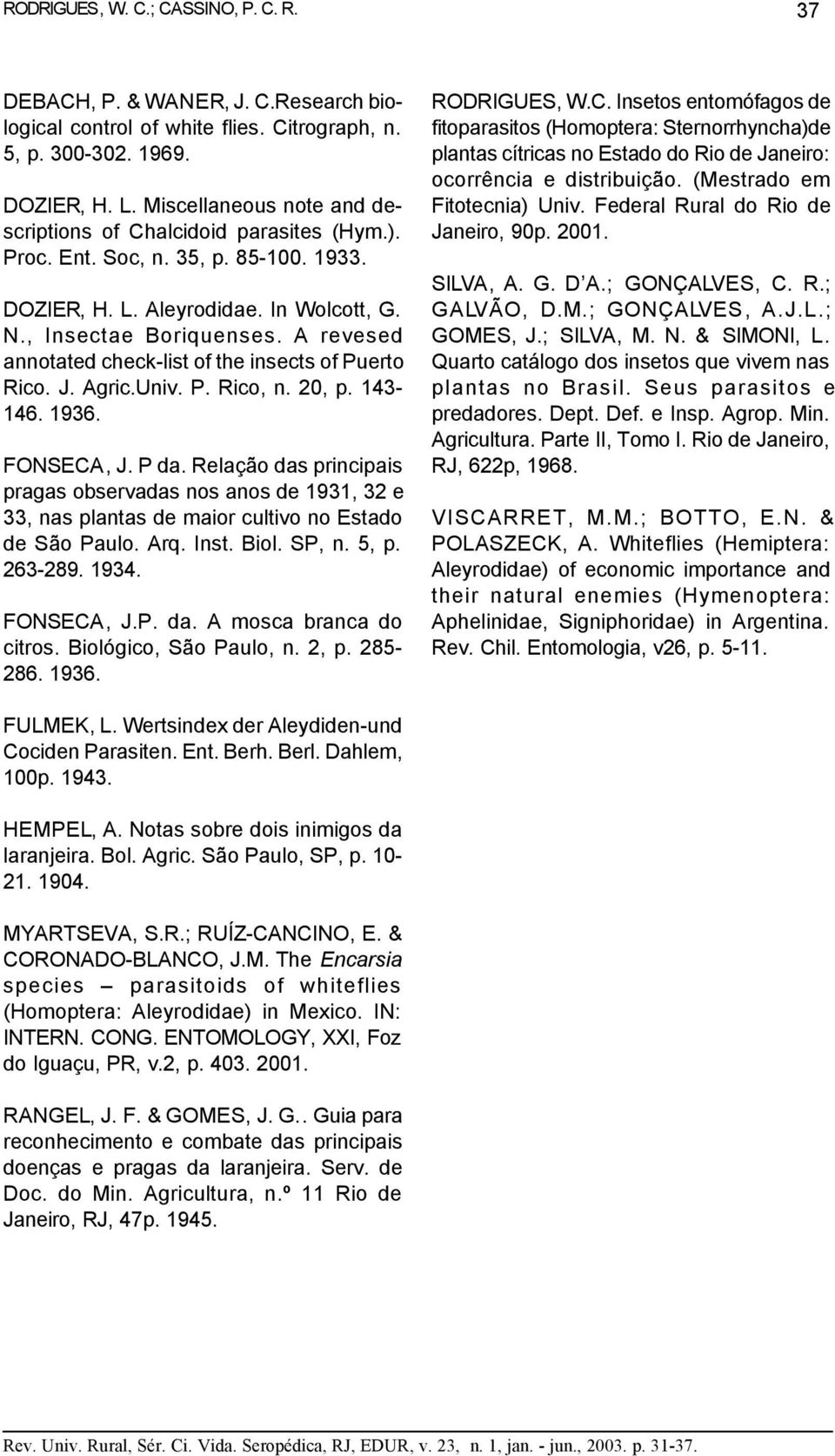 A revesed annotated check-list of the insects of Puerto Rico. J. Agric.Univ. P. Rico, n. 2, p. 143-146. 1936. FONSECA, J. P da.