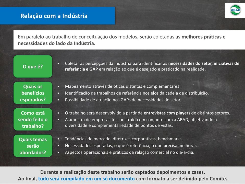 Mapeamento através de óticas distintas e complementares Identificação de trabalhos de referência nos elos da cadeia de distribuição. Possiblidade de atuação nos GAPs de necessidades do setor.