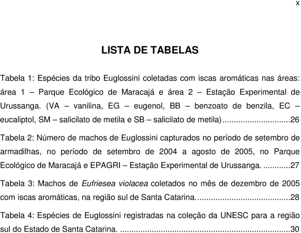 ..26 Tabela 2: Número de machos de Euglossini capturados no período de setembro de armadilhas, no período de setembro de 2004 a agosto de 2005, no Parque Ecológico de Maracajá e EPAGRI Estação