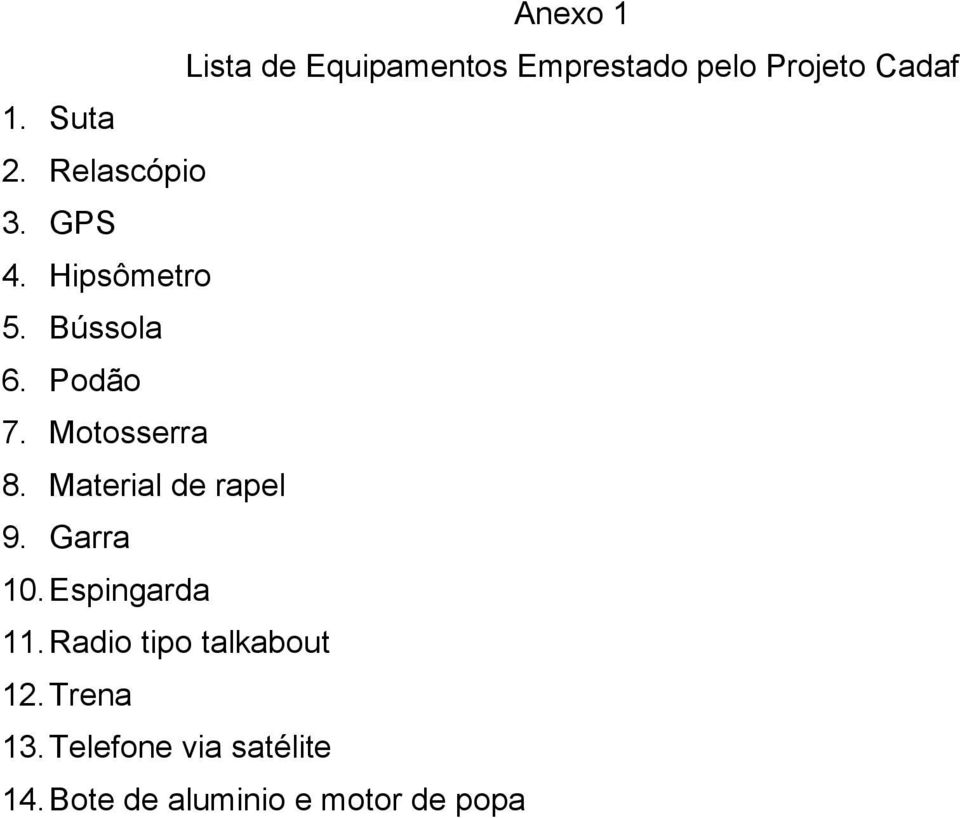 Motosserra 8. Material de rapel 9. Garra 10. Espingarda 11.