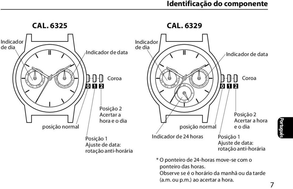 TUE 24 25 21 27 19 29 17 311 13 3 5 11 Coroa posição normal Posição 2 Acertar a hora e o dia Posição 1 Ajuste de data: rotação anti-horária 12 Posição 2 Acertar