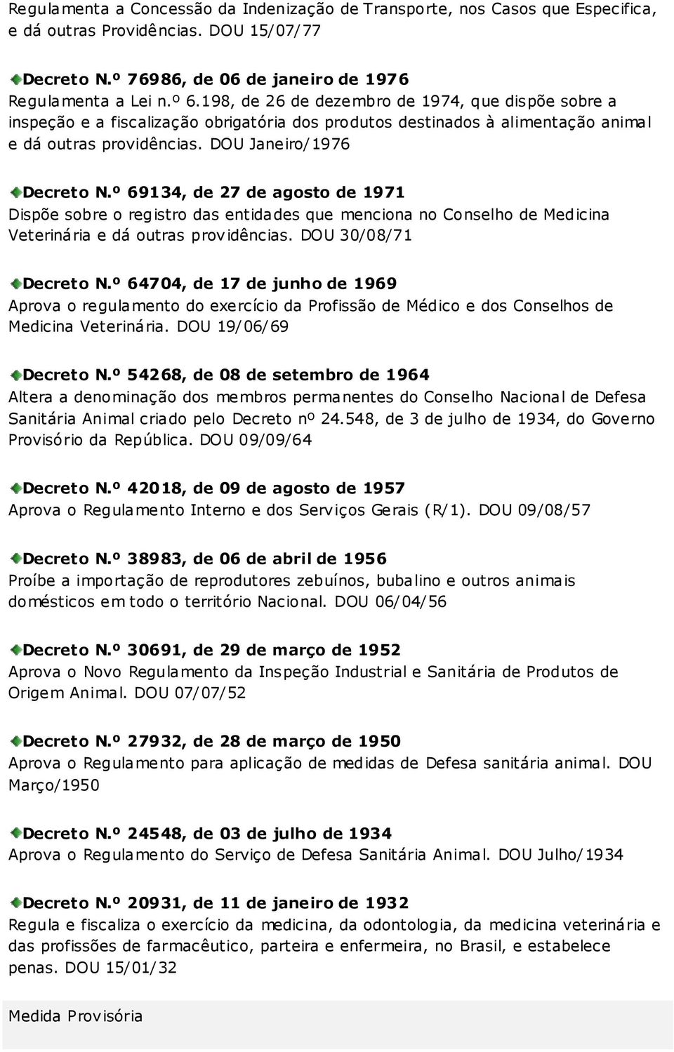 º 69134, de 27 de agosto de 1971 Dispõe sobre o registro das entidades que menciona no Conselho de Medicina Veterinária e dá outras providências. DOU 30/08/71 Decreto N.