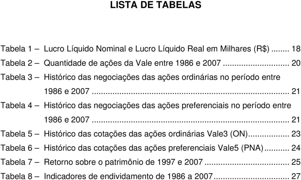 .. 21 Tabela 4 Histórico das negociações das ações preferenciais no período entre 1986 e 2007.