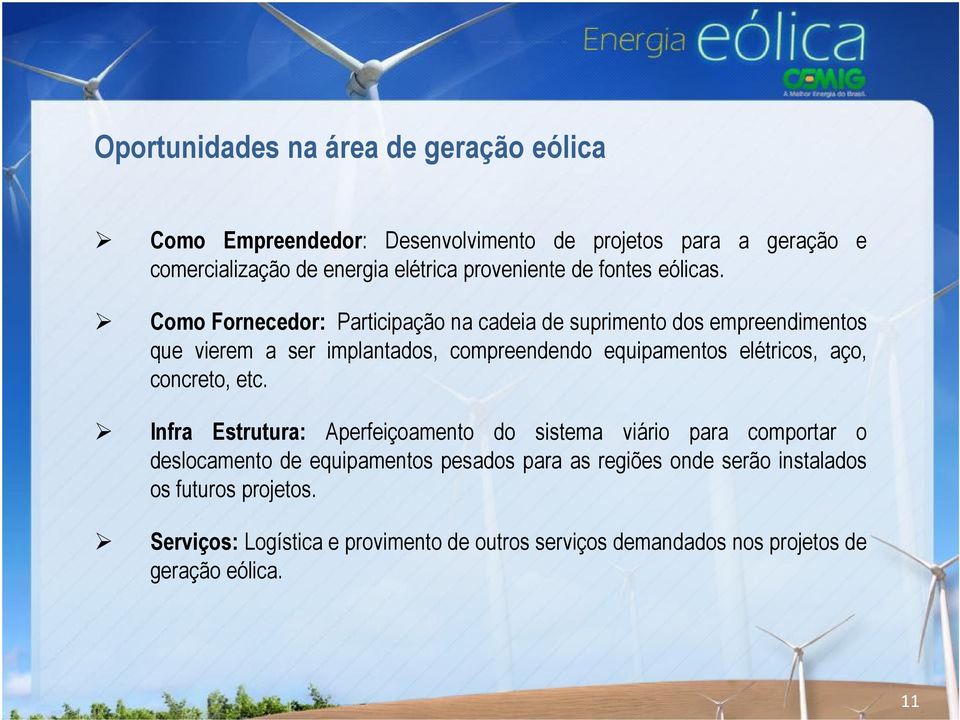 Como Fornecedor: Participação na cadeia de suprimento dos empreendimentos que vierem a ser implantados, compreendendo equipamentos elétricos, aço,