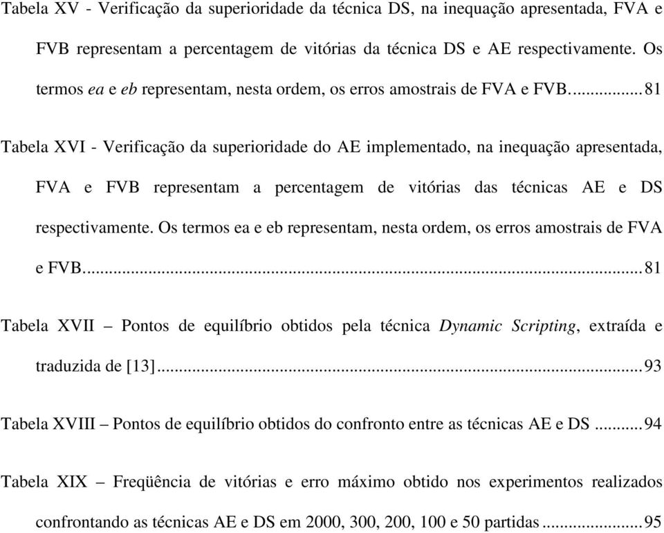 ..81 Tabela XVI - Verificação da superioridade do AE implementado, na inequação apresentada, FVA e FVB representam a percentagem de vitórias das técnicas AE e DS respectivamente.