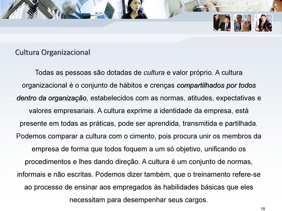 A cultura exprime a identidade da empresa, está presente em todas as práticas, pode ser aprendida, transmitida e partilhada.