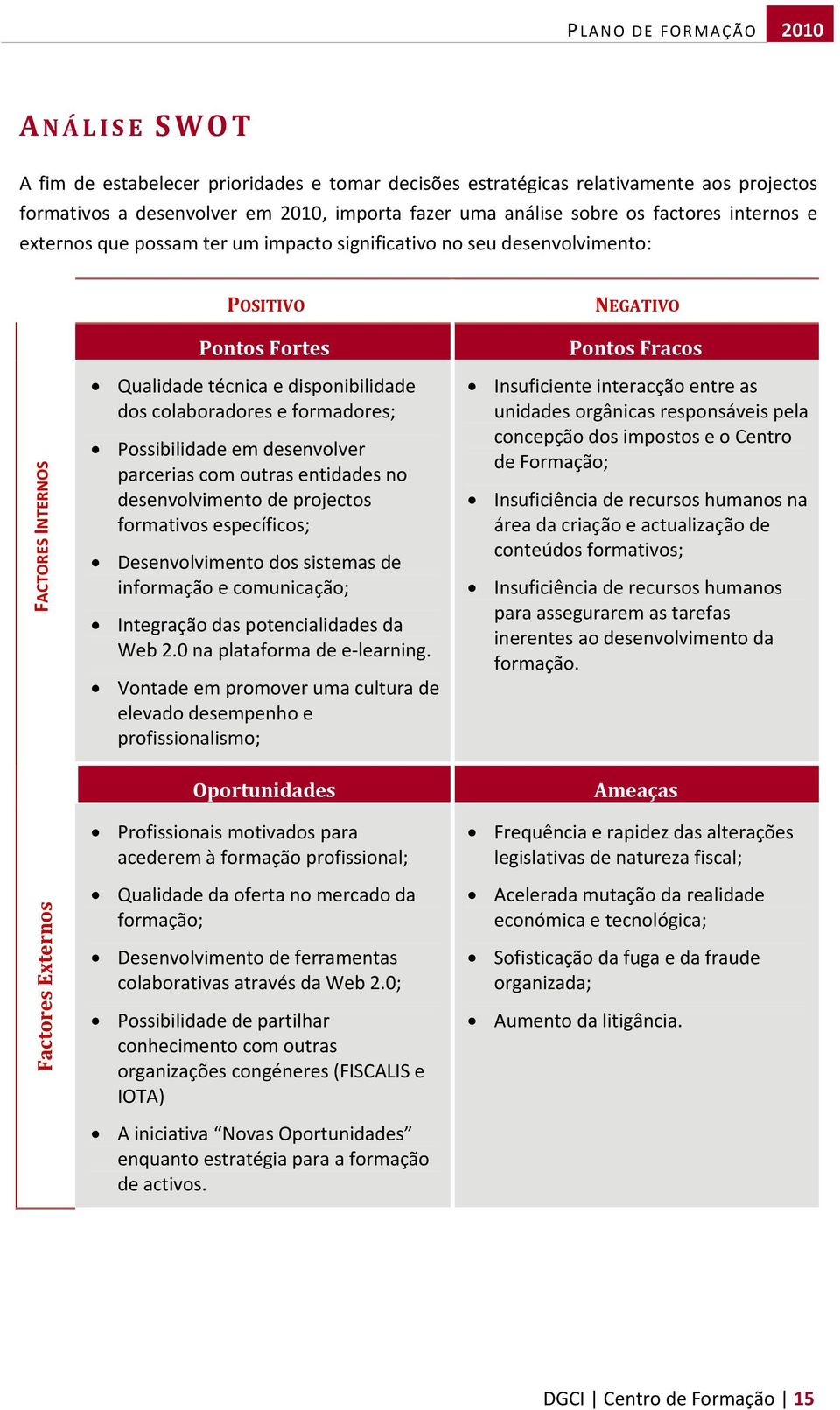 formadores; Possibilidade em desenvolver parcerias com outras entidades no desenvolvimento de projectos formativos específicos; Desenvolvimento dos sistemas de informação e comunicação; Integração