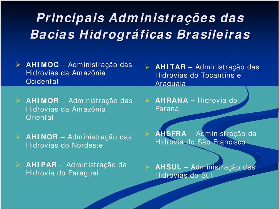 Nordeste AHITAR Administração das Hidrovias do Tocantins e Araguaia AHRANA Hidrovia do Paraná AHSFRA